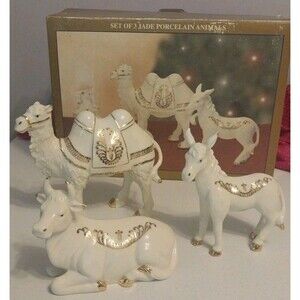 Vintage Bon Ton Jade Porcelain Nativity Animals Camel Cow Donkey Christmas Set 3